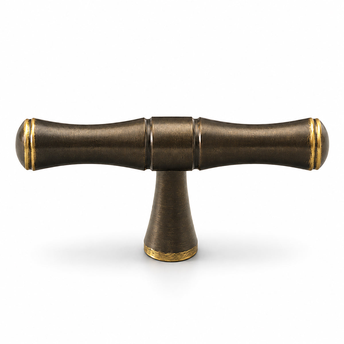 Segmented dark antique brass T-bar cabinet pull with gold rings, style #11.
