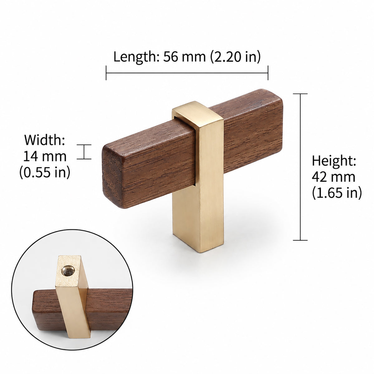 Measurements for walnut wood T-bar cabinet pull with a square brass center mount, style #2.