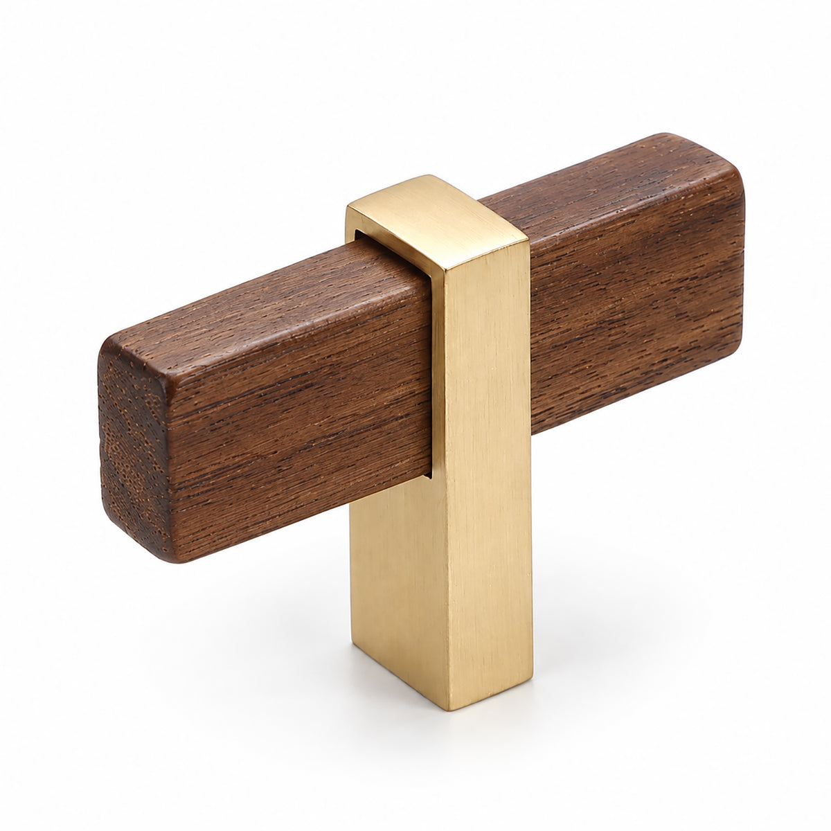 Walnut wood T-bar cabinet pull with a square brass center mount, style #2.