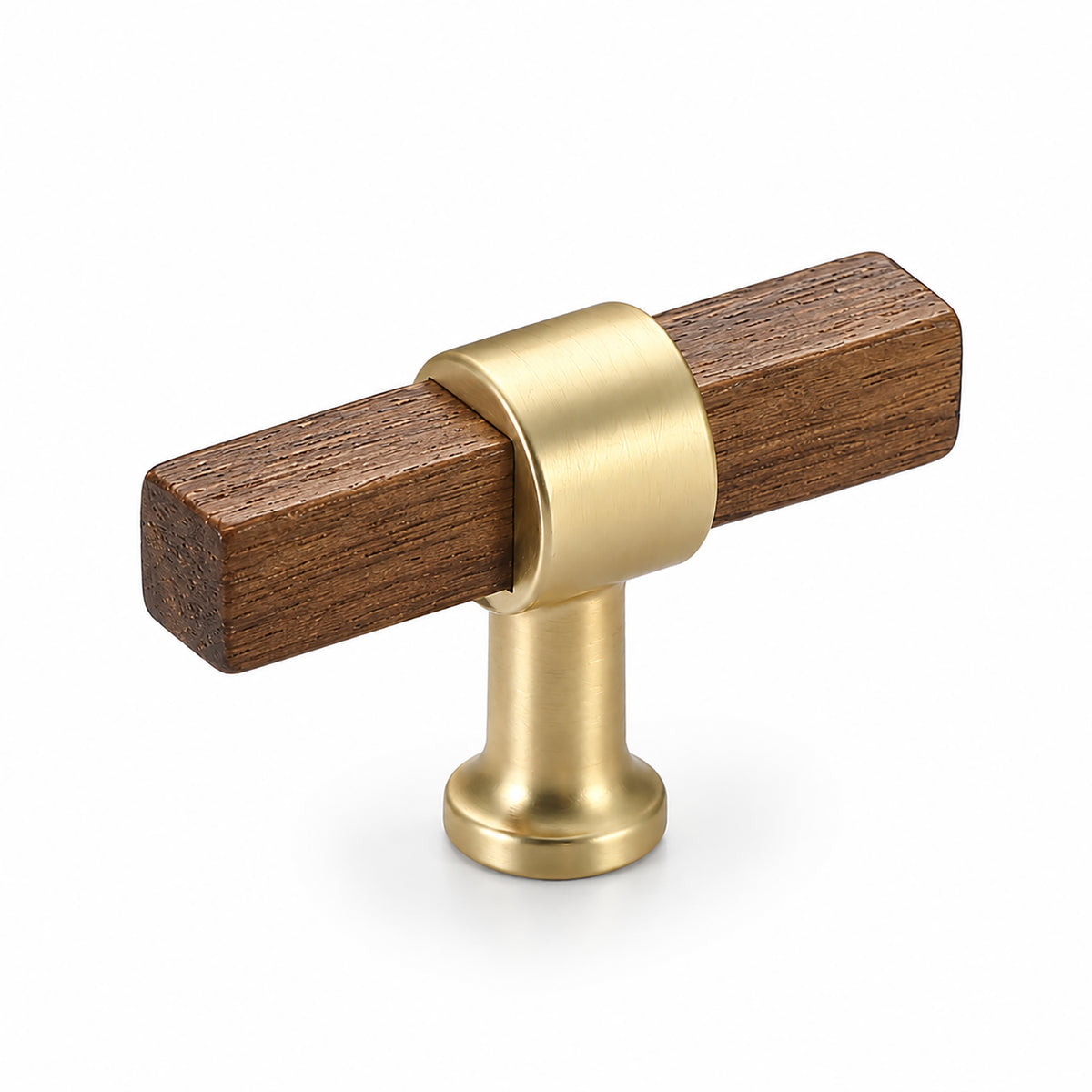 Faceted walnut wood T-bar cabinet pull with a round brass center mount, style #3.