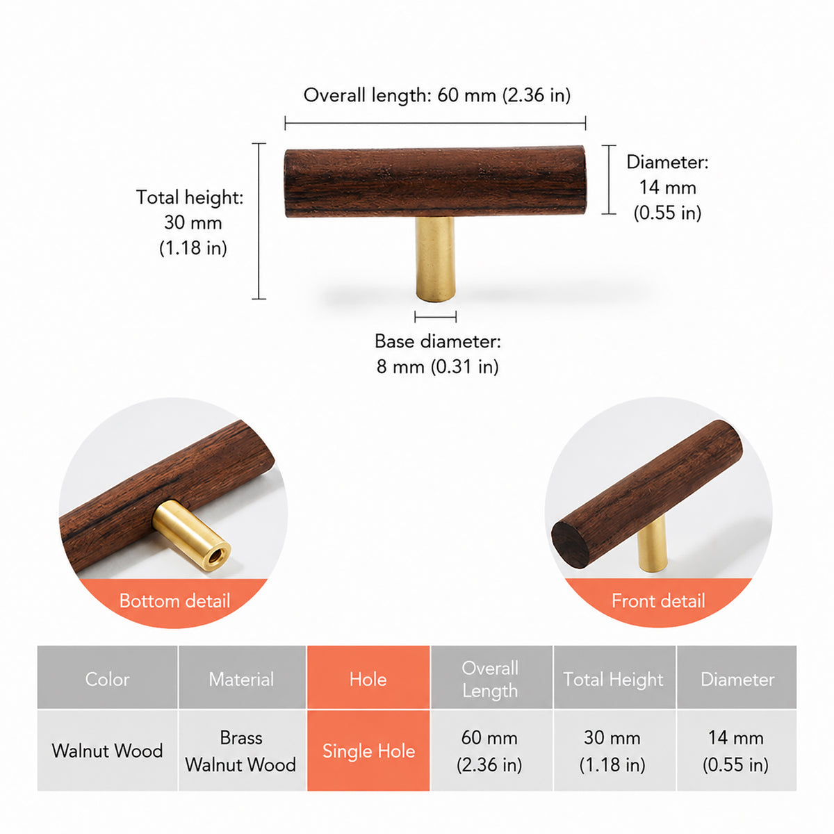 Measurements for walnut wood T-bar cabinet pull on a brass stem, style #5.