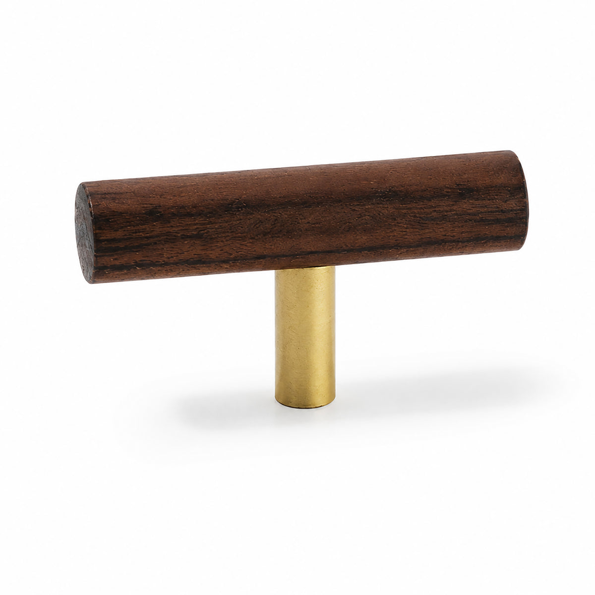 Walnut wood T-bar cabinet pull on a brass stem, style #5.