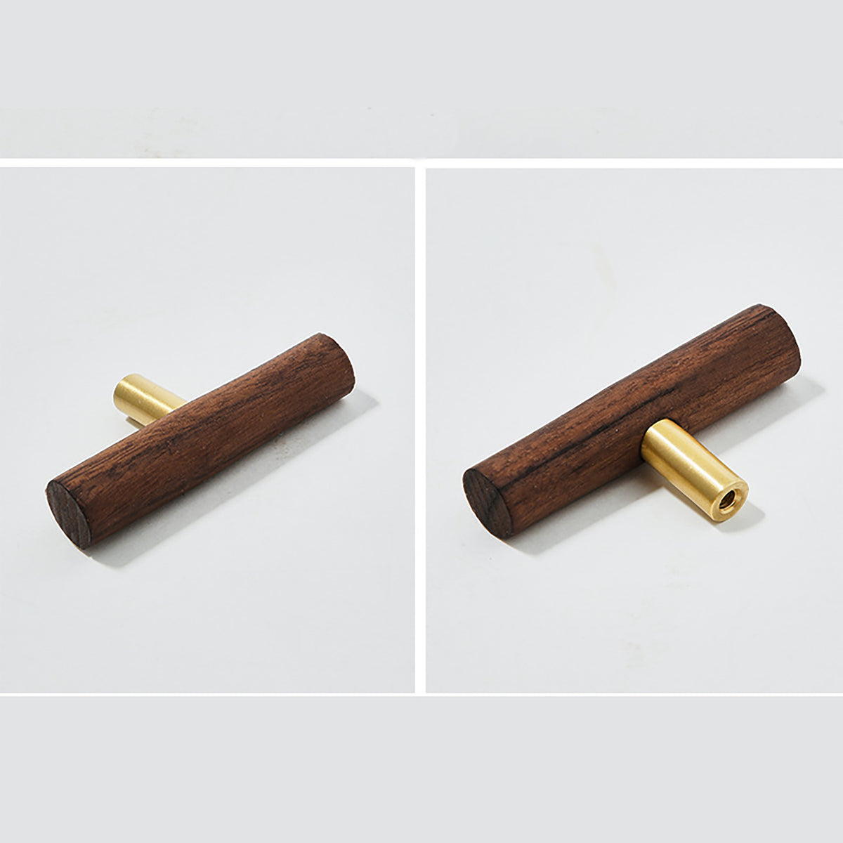 Side and mounting view of walnut wood T-bar cabinet pull on a brass stem, style #5.