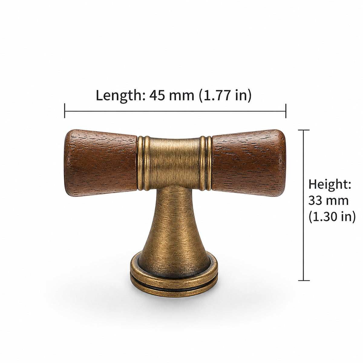 Measurements for dark wood-ended bronze-finish T-bar cabinet pull, style #6 Bronze.