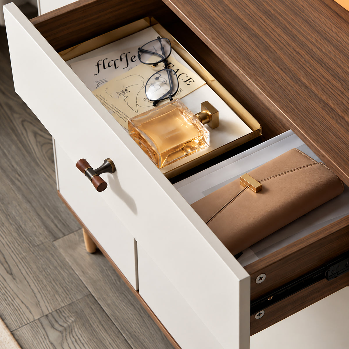 In-use view of dark wood-ended coffee-finish T-bar cabinet pull, style #6 Coffee.