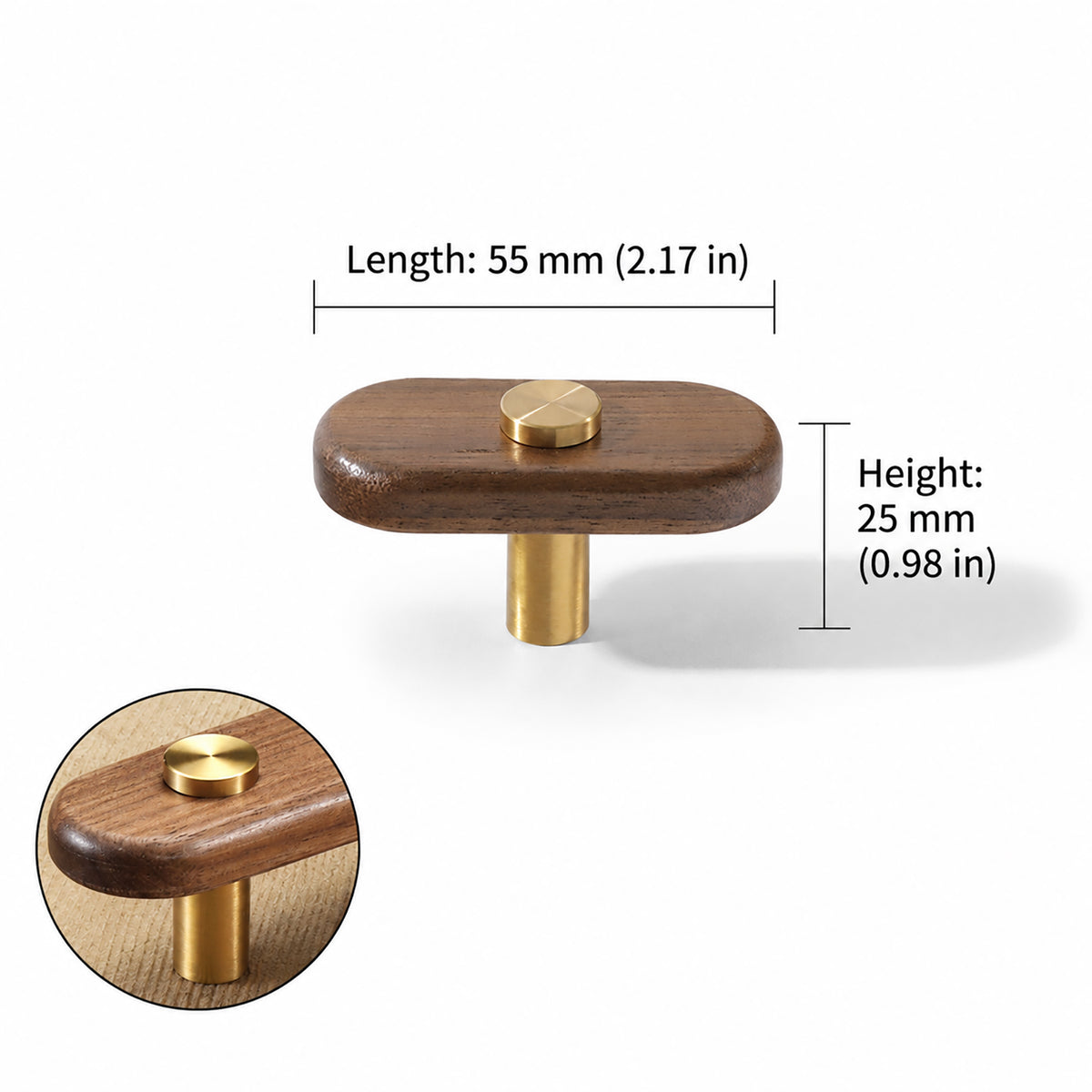 Measurements for oval walnut wood T-bar cabinet pull with brass stem and top stud, style #7.