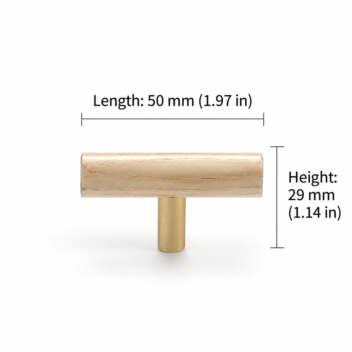 Measurements for slim beech wood T-bar cabinet pull with brass stem, style #8.