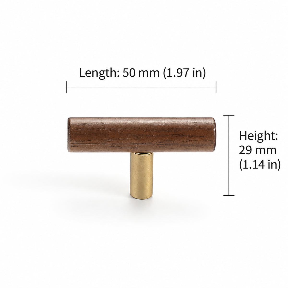 Measurements for slim walnut wood T-bar cabinet pull with brass stem, style #8.