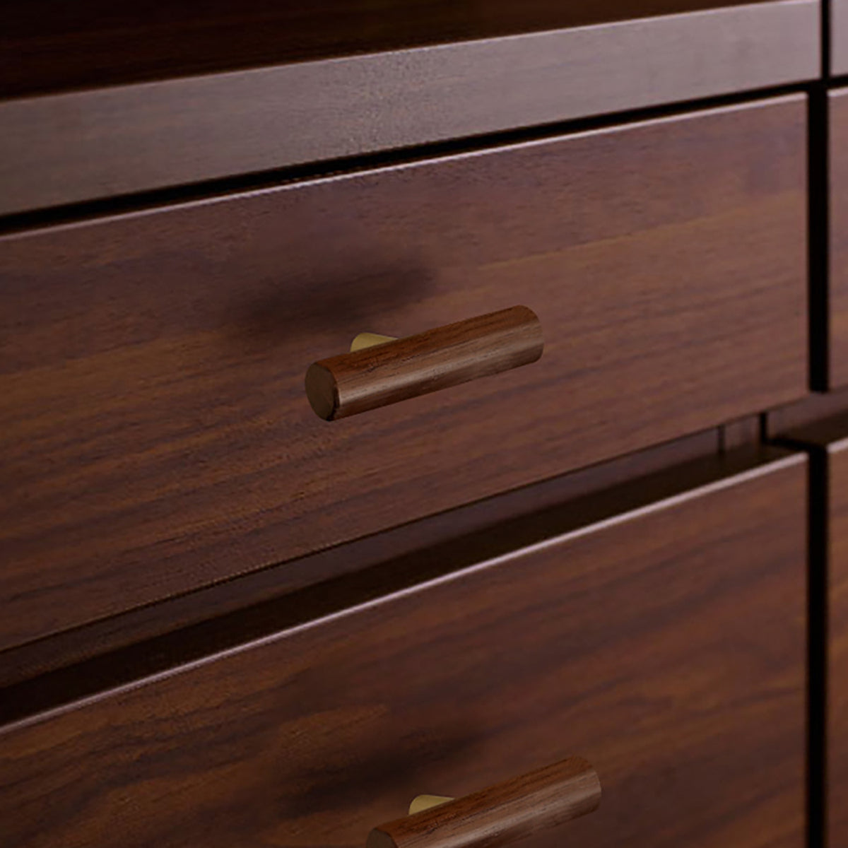 In-use view of slim walnut wood T-bar cabinet pull with brass stem, style #8.