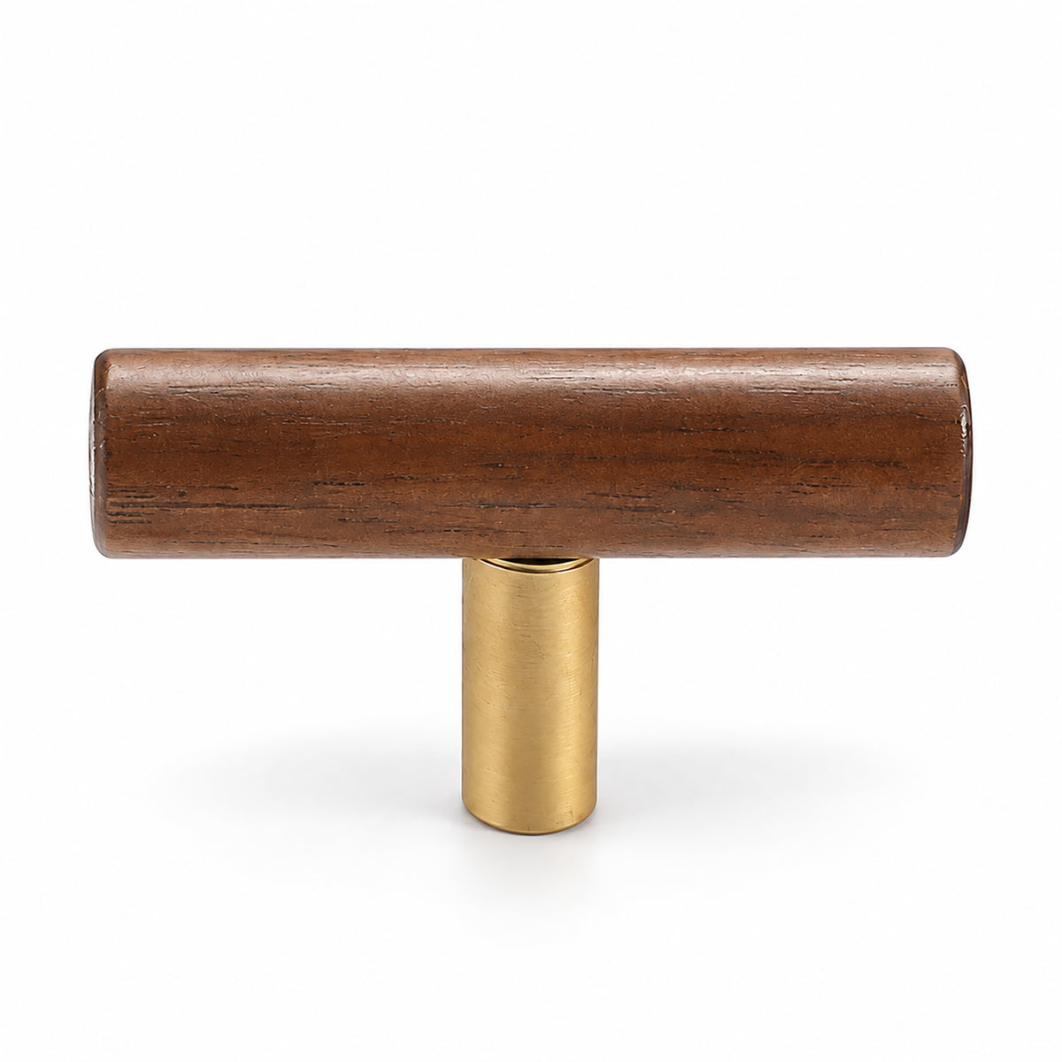 Slim walnut wood T-bar cabinet pull with brass stem, style #8.