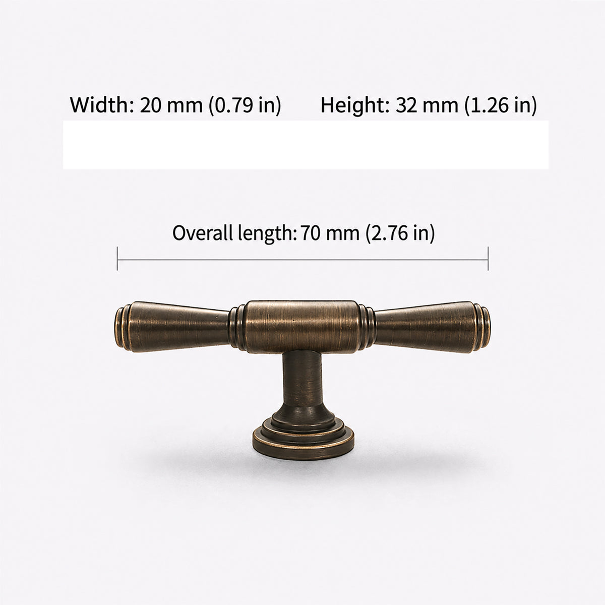 Measurements for dark antique brass T-bar cabinet pull with flared ends, style #9.