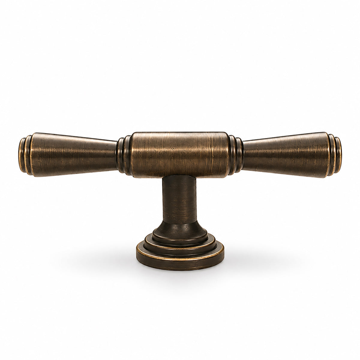 Dark antique brass T-bar cabinet pull with flared ends, style #9.