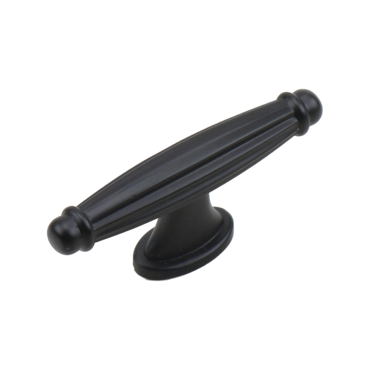 Black T-bar cabinet pull with a fluted cylindrical grip and round base, option No. 4.