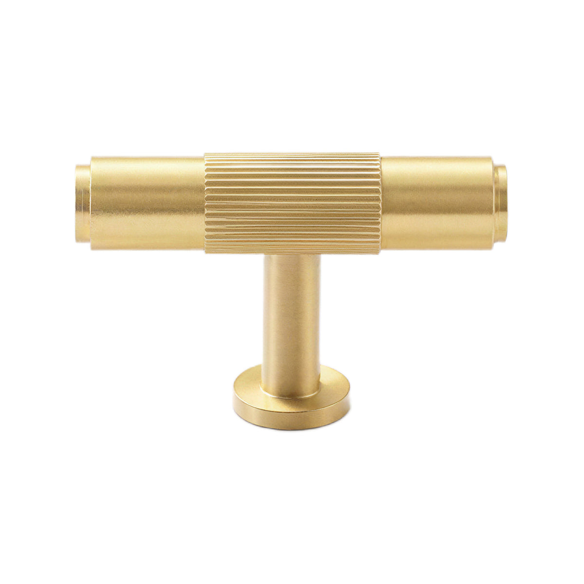 Brass-tone T-bar cabinet pull with a ribbed center and smooth cylindrical ends, option No. 7.