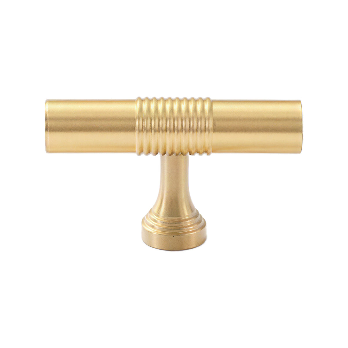 Brass-tone T-bar cabinet pull with a ring-ribbed center, option No. 10.
