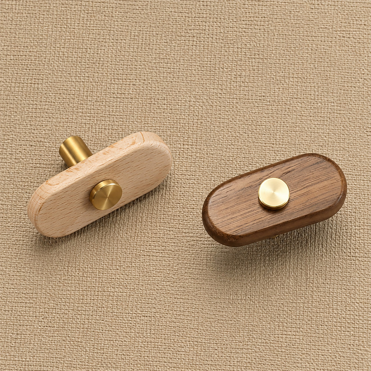 Beech and walnut oval T-bar cabinet pulls with brass stems, showing front and rear views.