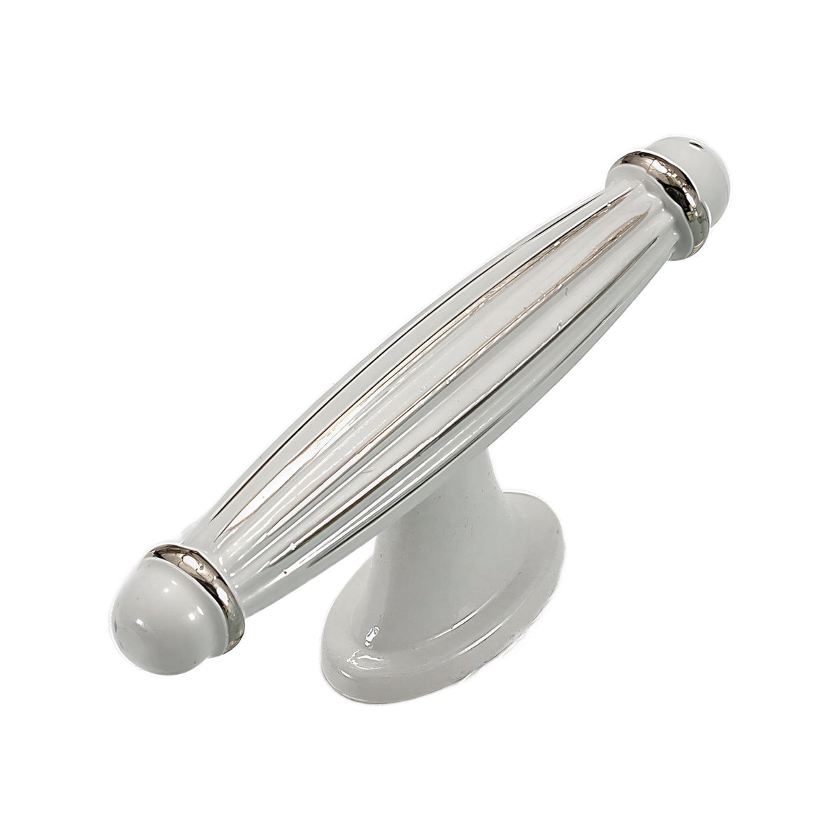 White T-bar pull with a fluted spindle, silver-tone rings and center post, option No. 16.