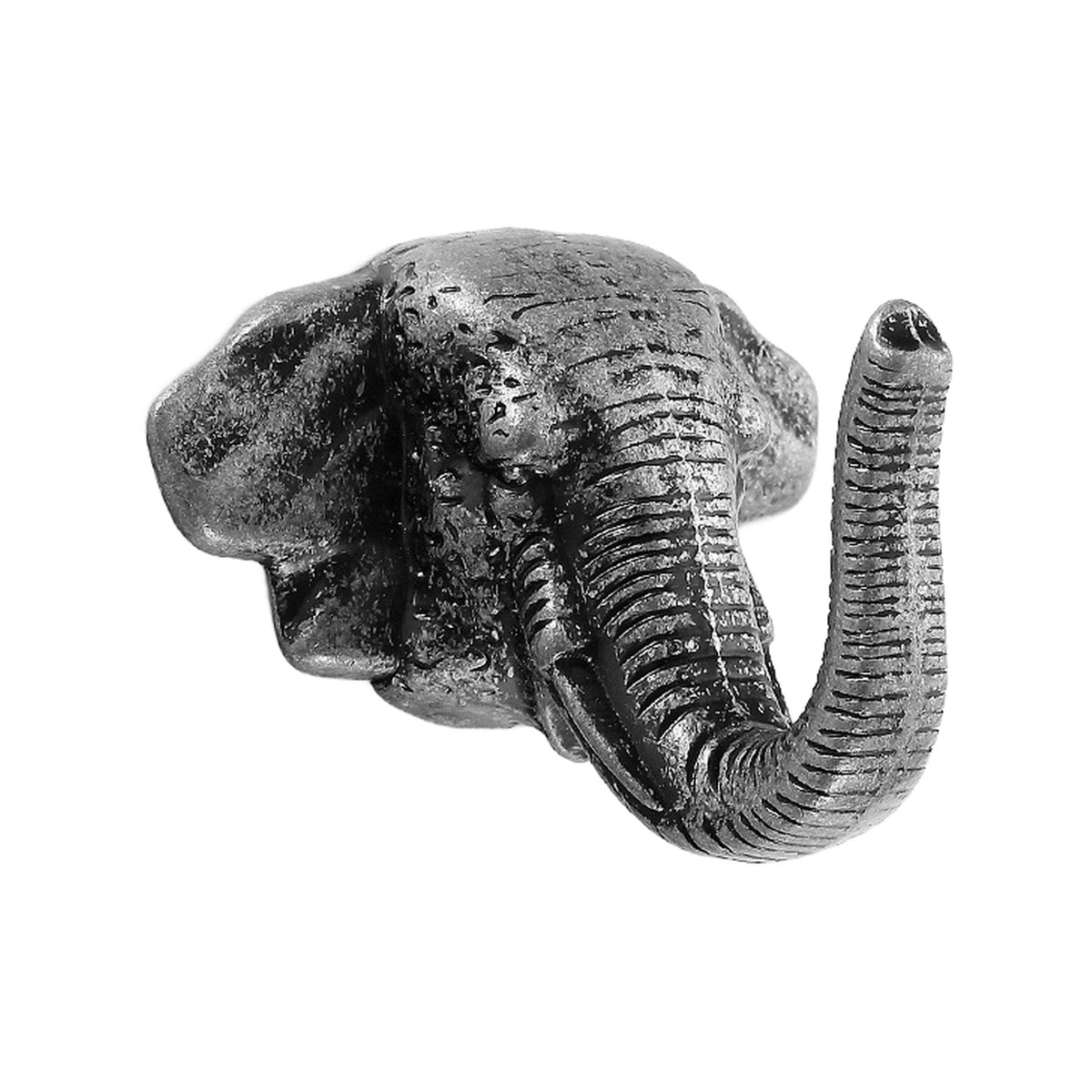 Antique silver-tone elephant-head wall hook.