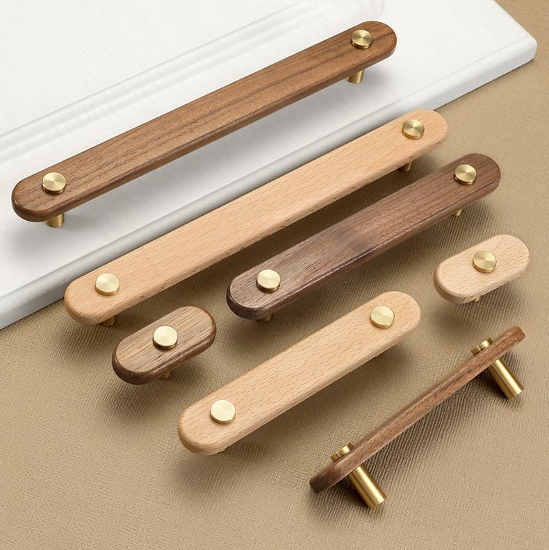 Wood Cabinet Pulls & Knobs - Gold Finish for Cabinets & Drawers - Beech 55mm / 1pc