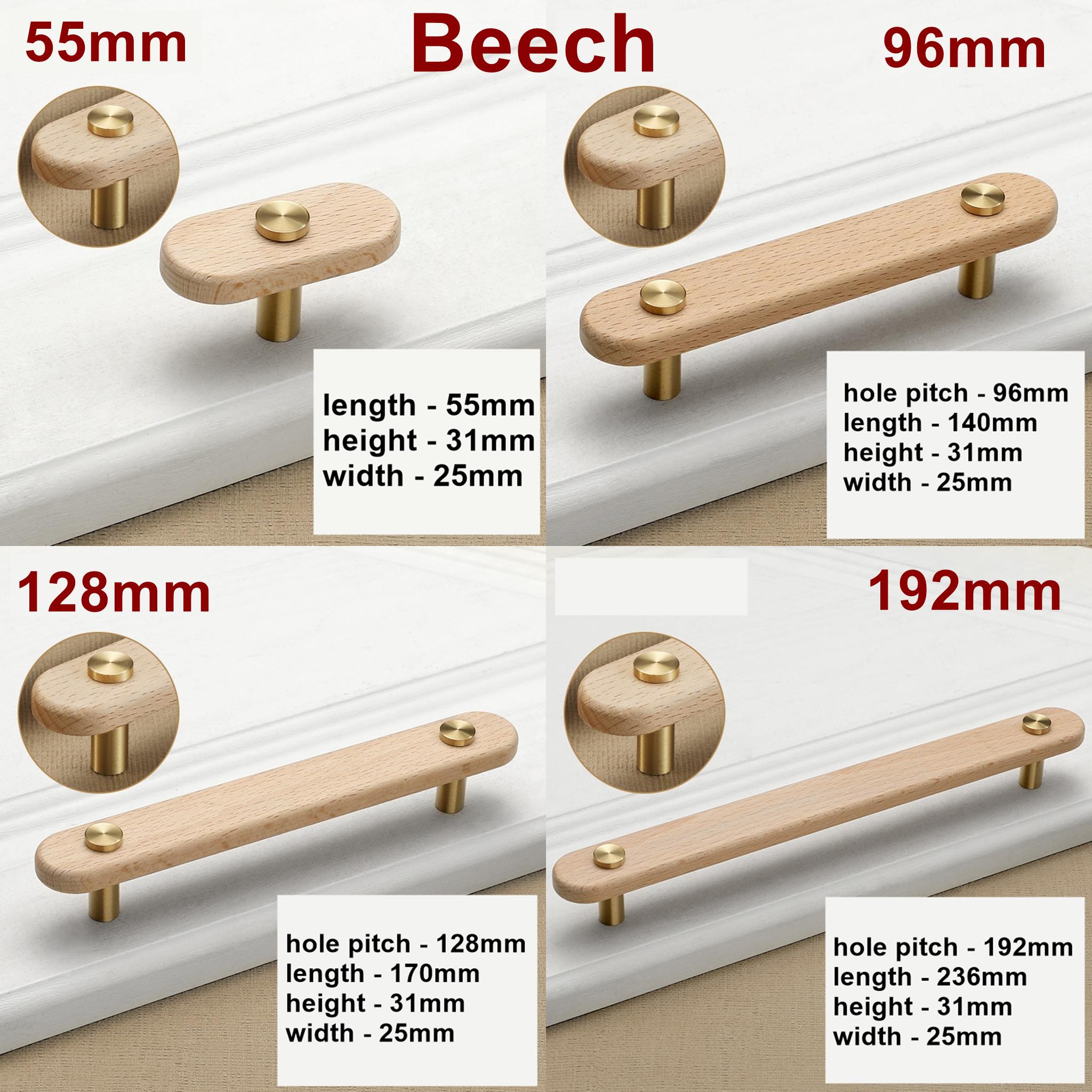 Wood Cabinet Pulls & Knobs - Gold Finish for Cabinets & Drawers - Beech 96mm / 1pc