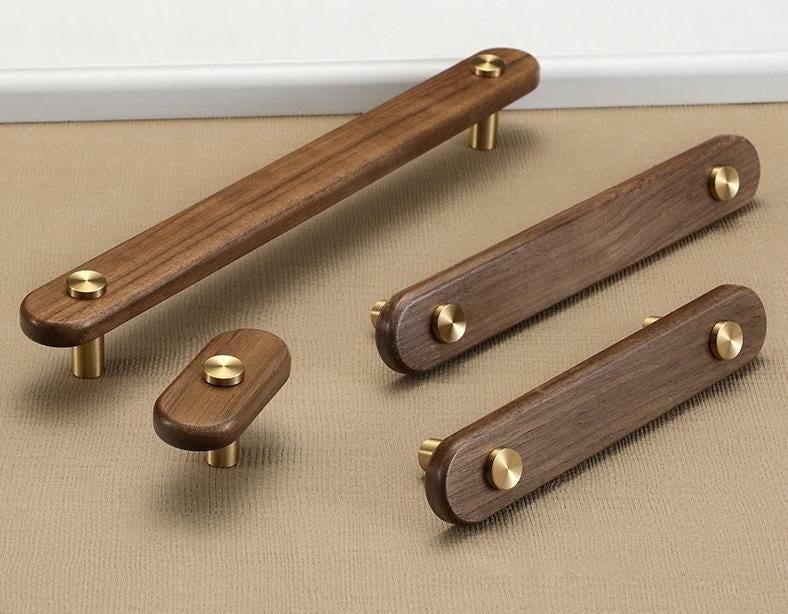 Wood Cabinet Pulls & Knobs - Gold Finish for Cabinets & Drawers - Walnut 96mm / 1pc