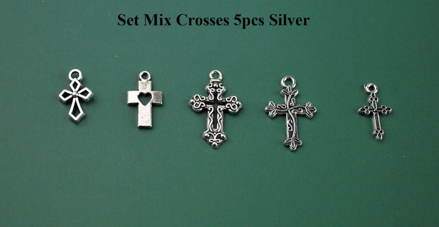 Grab Bag Mix Set Cutout Silver Cross Charm Collection Rosary Gothic Religious Christian Gothic Pendant Jewelry Making DIY Bracelet Necklace