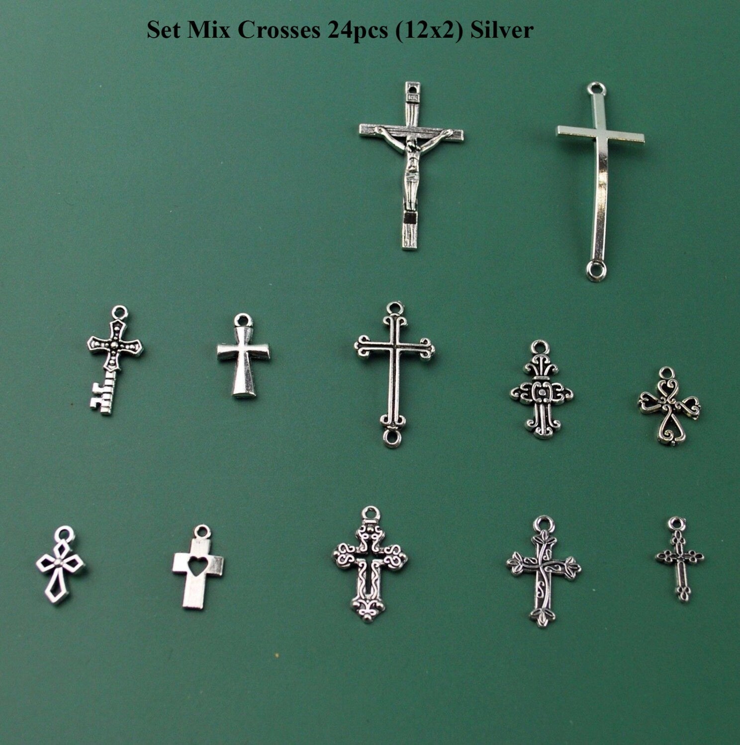 Grab Bag Mix Set Cutout Silver Cross Charm Collection Rosary Gothic Religious Christian Gothic Pendant Jewelry Making DIY Bracelet Necklace