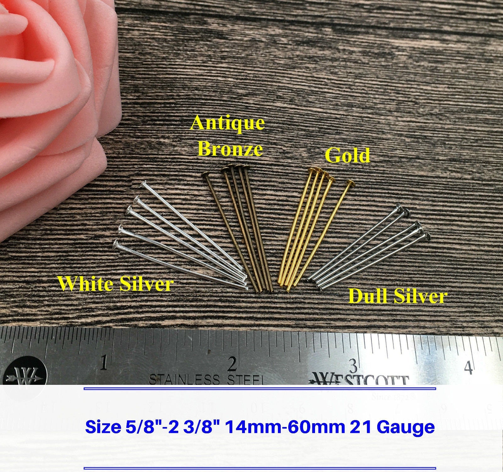 Flat Head Pin Long T Headpin Finding 1 3/8" 2" 45 50 55 60mm 21 Gauge 0.7mm Wire Thickness Wholesale Bulk Lot Jewelry Making Craft Supply