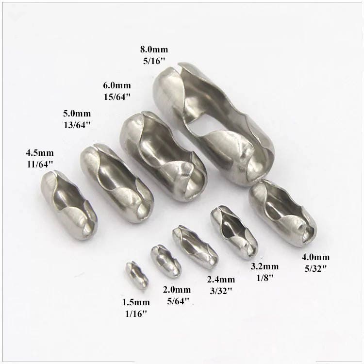 Surgical Stainless Steel Silver Tone Ball Chain Connector Clasp Dog Tag End Chain Sausage Buckle Small Large Oversize 1.5 2 3 4 5 6 8 mm