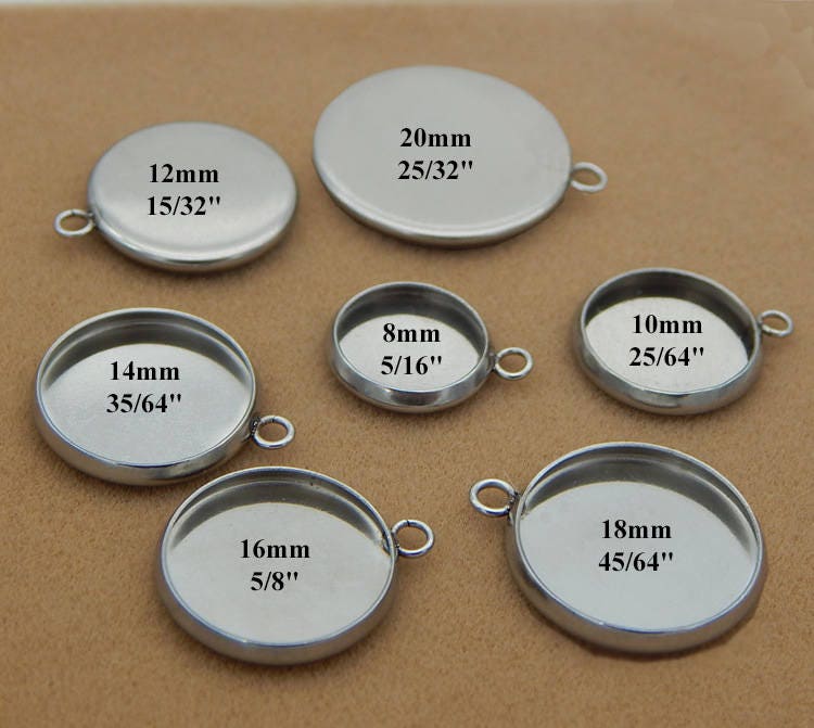 Cabochon Setting Blank Bezel Stainless Steel Silver Tone Round Pendant Tray with Loop Pendant Base 6 8 10 12 14 16 18 20 22 mm Craft Supply