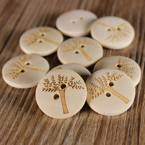 Natural Wood Button Aveyron Carved Tree Design Pattern Two Holes 2 2.5 3 cm 32 40 45L