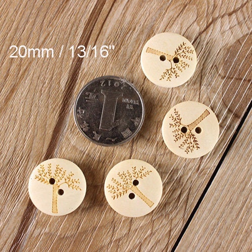 Natural Wood Button Aveyron Carved Tree Design Pattern Two Holes 2 2.5 3 cm 32 40 45L