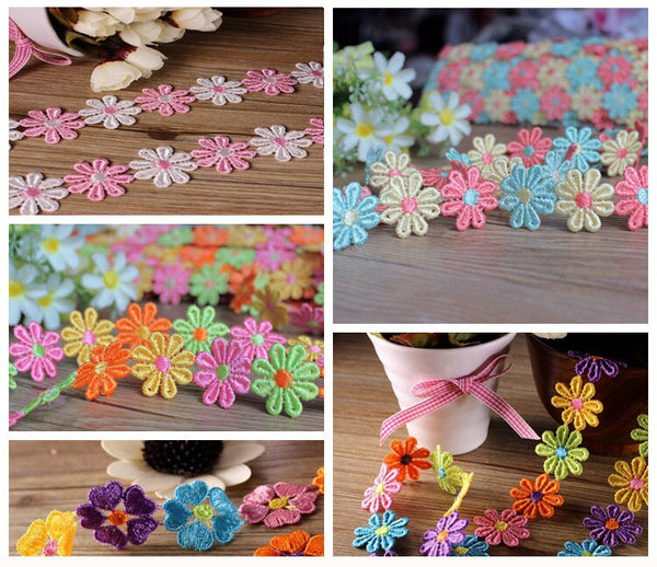 Colourful Gerbera Daisy Flower Chain Venice Lace Trim Applique Patch 1/2" 1" Rustic Country Boho Sewing Decor Headband Bow Choker Necklace