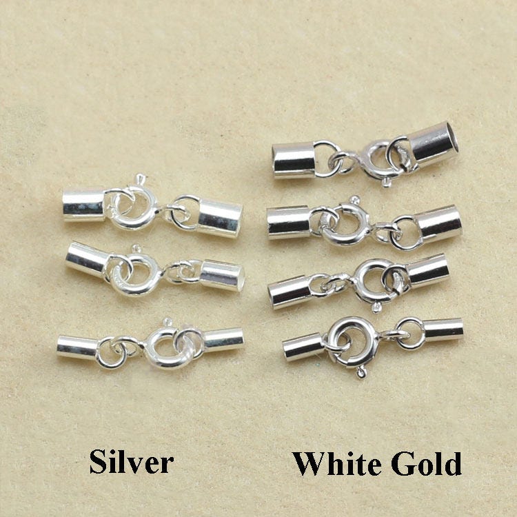 Solid 925 Sterling Silver Leather Tube Cord Chain Glue End Cap/Tips Set Spring Ring Clasp for Kumihimo Bracelet Necklace 1.5-4mm Bulk Lot