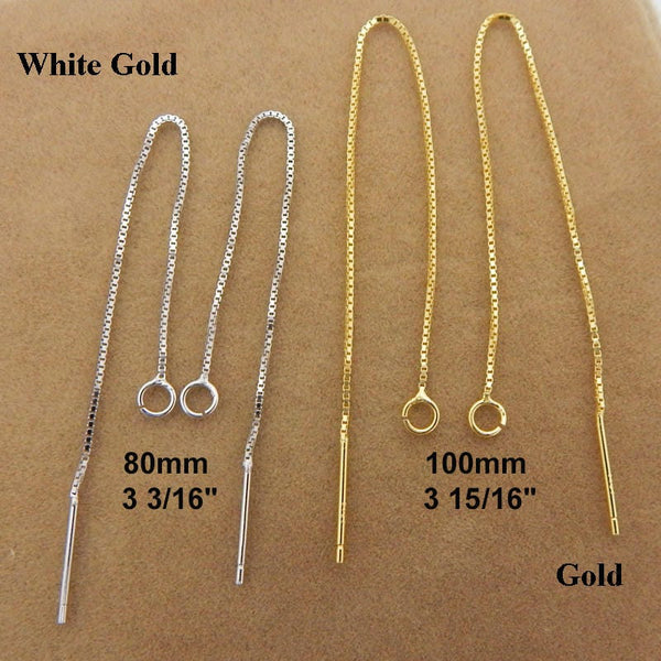 925 Sterling Silver Ear Thread Threader 80 100mm 4" Silver Gold Box Chain Earwire Open Jump Ring Loop Dangle Charm Bead Pull Through Earring