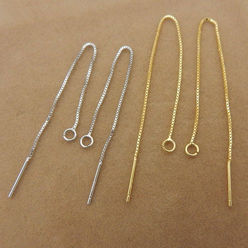 925 Sterling Silver Ear Thread Threader 80 100mm 4" Silver Gold Box Chain Earwire Open Jump Ring Loop Dangle Charm Bead Pull Through Earring