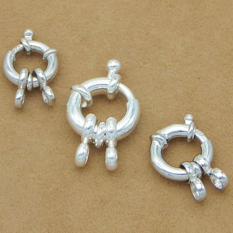 925 Sterling Silver Round Spring Ring Clasp Pearl Clasp Bolt Wheel Two Double Loops Rings End 10 12 15 mm 1/2" 5/8" Strand Necklace Bracelet