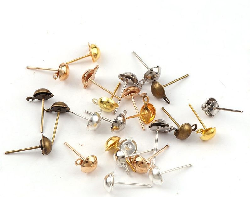 Stud Earring Post Loop Dome Half Ball Earstud Pierced Dainty Round Closed Ring Connector 4 6 11mm Long Silver Gold Bronze Findings Supply