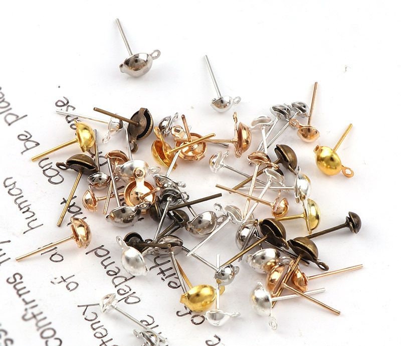 Stud Earring Post Loop Dome Half Ball Earstud Pierced Dainty Round Closed Ring Connector 4 6 11mm Long Silver Gold Bronze Findings Supply