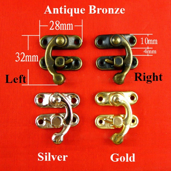 Chinese Latch Lock Ancient Vintage Style Bronze Gold Silver Tone Furniture Decorative Jewelry Box Decor 28x32x10mm 7/16x1 1/8x1 1/4"