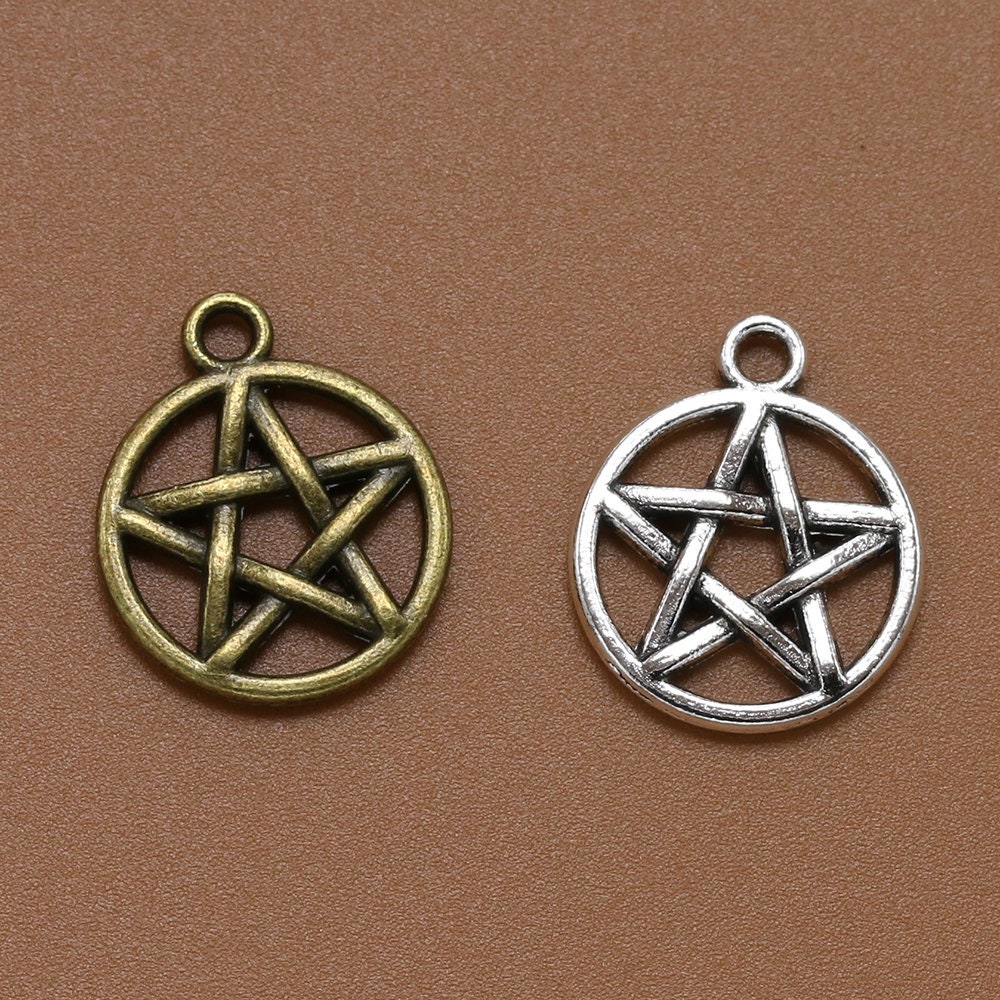 Pentagram Star Round Charm Pendant Cutout Metal Alloy Jewelry Making Bracelet Necklace Earrings Bulk Lot Wicca Satan Pentacle Pentagon