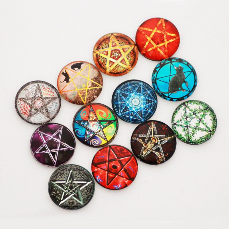 Round Glass Cabochon Pentagram Star Goat Devil Satanic Wicca Pagan Pentacle Cap Seal Photo Flatback Dome Grab Bag Bulk Lot Final Sale