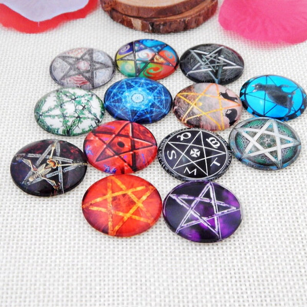 Round Glass Cabochon Pentagram Star Goat Devil Satanic Wicca Pagan Pentacle Cap Seal Photo Flatback Dome Grab Bag Bulk Lot Final Sale