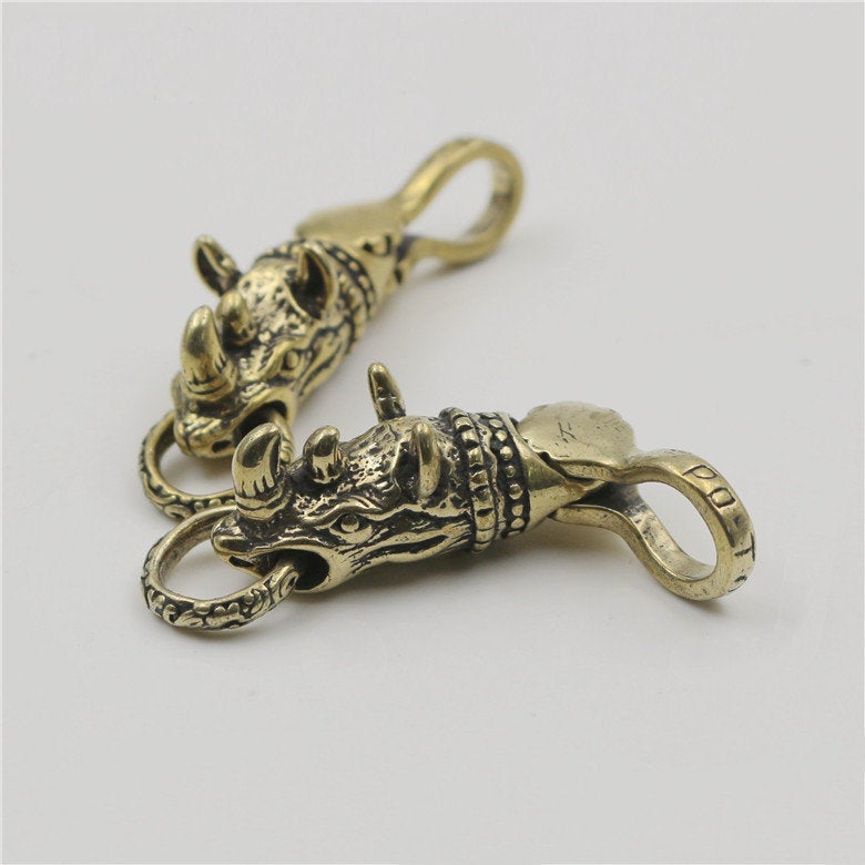 Solid Brass Rhinoceros Rhino Keychain Keyring 2 3/8 inch Coil Fob Decor Connector Holder DIY Copper Hardware Accessories Leathercraft Bulk