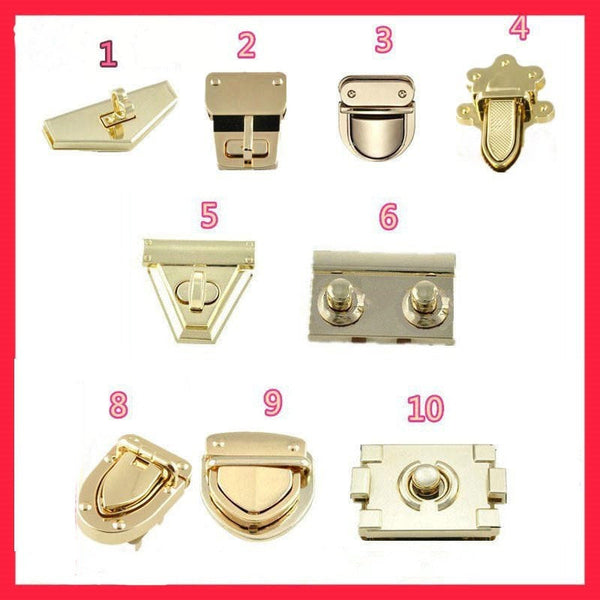 Metal Bag Locks Purse Clasp Thumb Tongue Catch Twist Lock Flap Knob Clutch Lock Wallet Gold 2" Oval Triangle Rectangle Square Shape Hardware