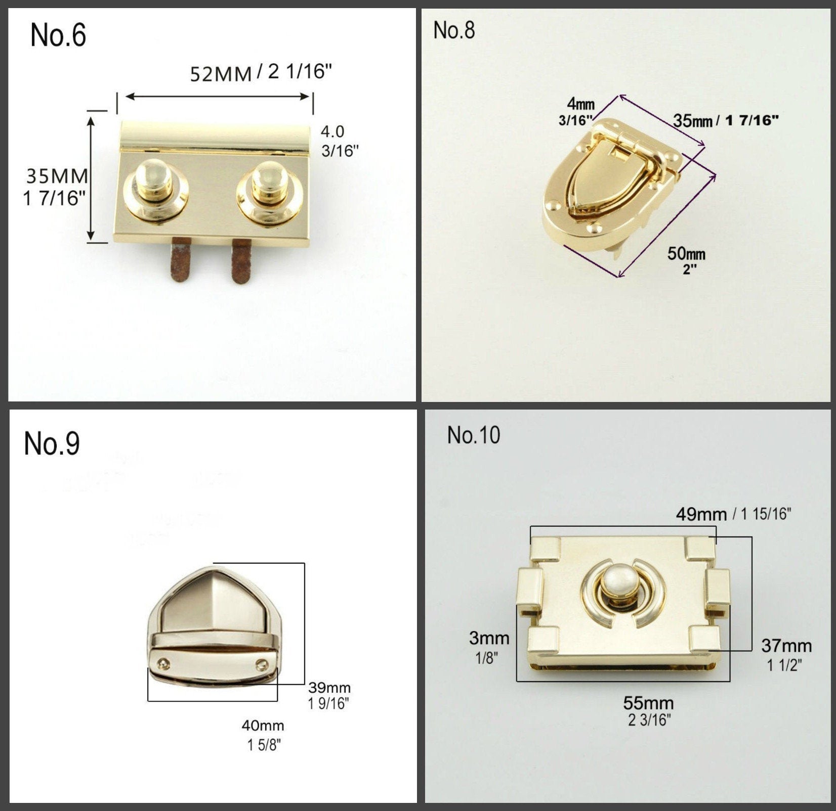 Metal Bag Locks Purse Clasp Thumb Tongue Catch Twist Lock Flap Knob Clutch Lock Wallet Gold 2" Oval Triangle Rectangle Square Shape Hardware