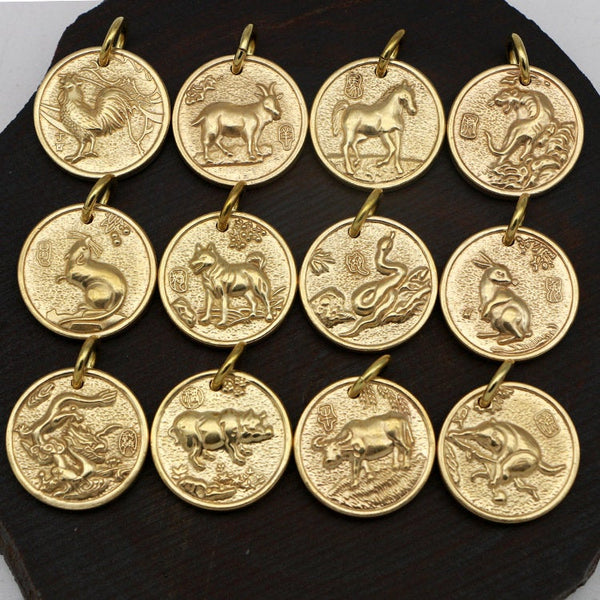 Solid Brass Chinese Zodiac 30 mm 1 1/8 inch Twelve New Year Sign Animal Charms Pendants Gift Keychain Neclace Copper Wholesale Bulk DIY