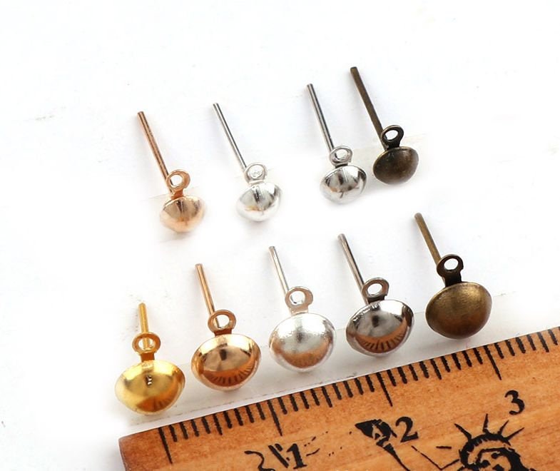 Stud Earring Post Loop Dome Half Ball Earstud Pierced Dainty Round Closed Ring Connector 4 6 11mm Long Silver Gold Bronze Findings Supply