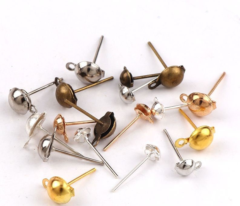 Stud Earring Post Loop Dome Half Ball Earstud Pierced Dainty Round Closed Ring Connector 4 6 11mm Long Silver Gold Bronze Findings Supply