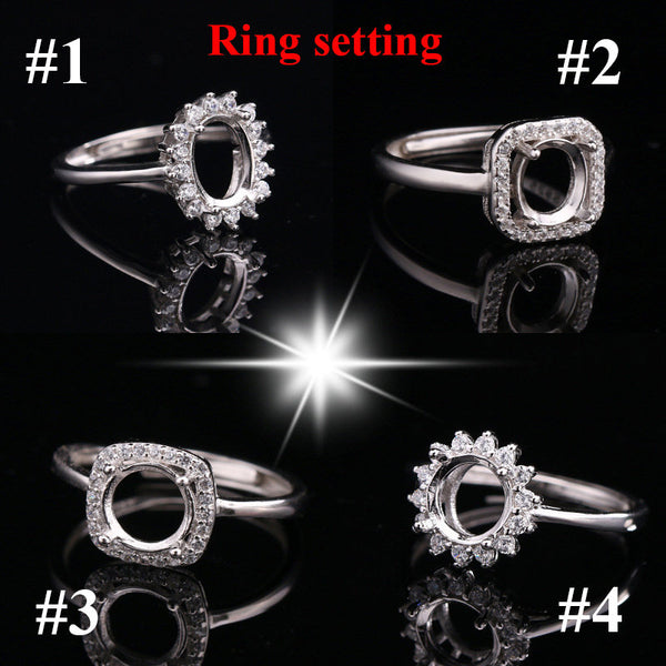 Ring Blank Setting 1pc Sterling Silver CZ Adjustable Mount Halo Round Oval Prong 6-8mm 1/4 3/8" Engagement Square Base Stone Cabochon Women